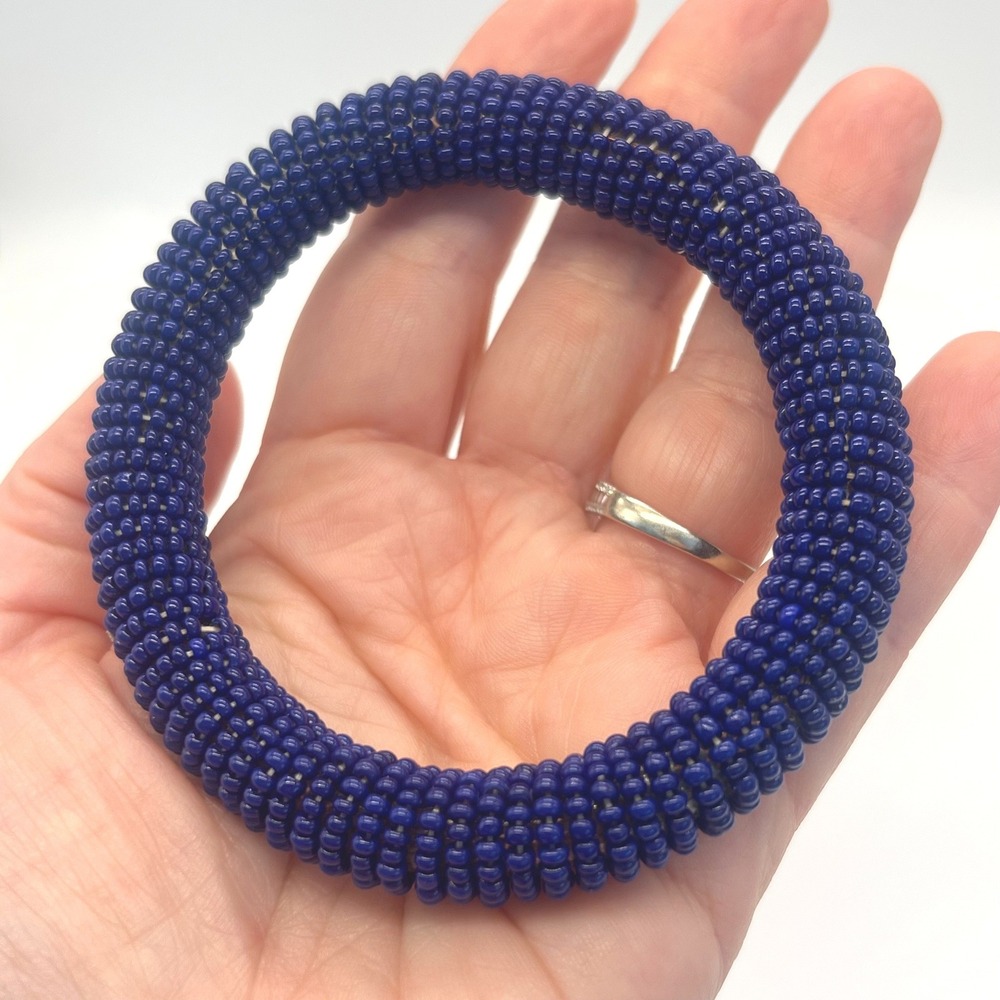 Handmade Seed Bead Crochet Bangle Bracelets Earrings Red White Blue Vintage - Picture 7 of 10